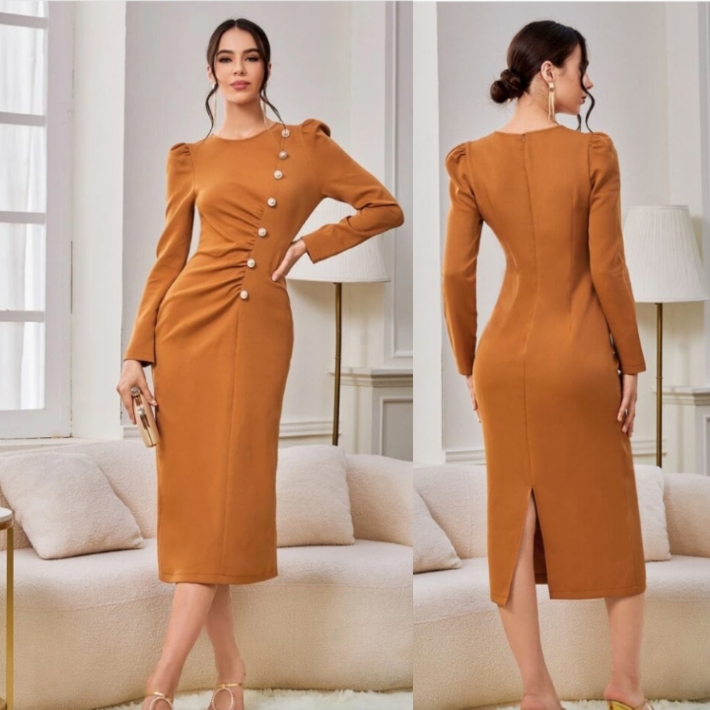 SHEIN Chic Button-Accent Mustard Yellow Dress